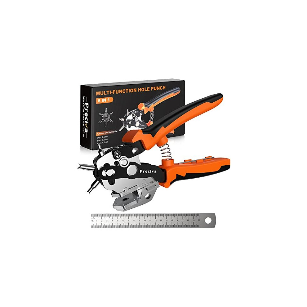 Preciva Leather Hole Punch, Revolving Belt Hole Puncher Tool, Adjustable Belt Puncher Plier With 6 Holes, Heavy Duty Hole Punch With Ruler For