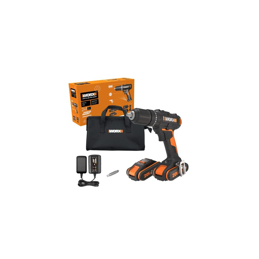 WORX 20V Combi Hammer Drill WX370.1, PowerShare, 18+1+1 Clutch Position, 13mm Keyless Chuck, Portable, 2 Batteries Included