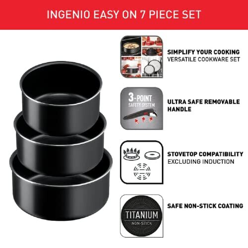 Tefal Tefal Ingenio Easy ON Try-Me Pan Set, 3 Pieces, Stackable, Removable Handle, Space Saving, Non-Stick, Black, L1599302 1