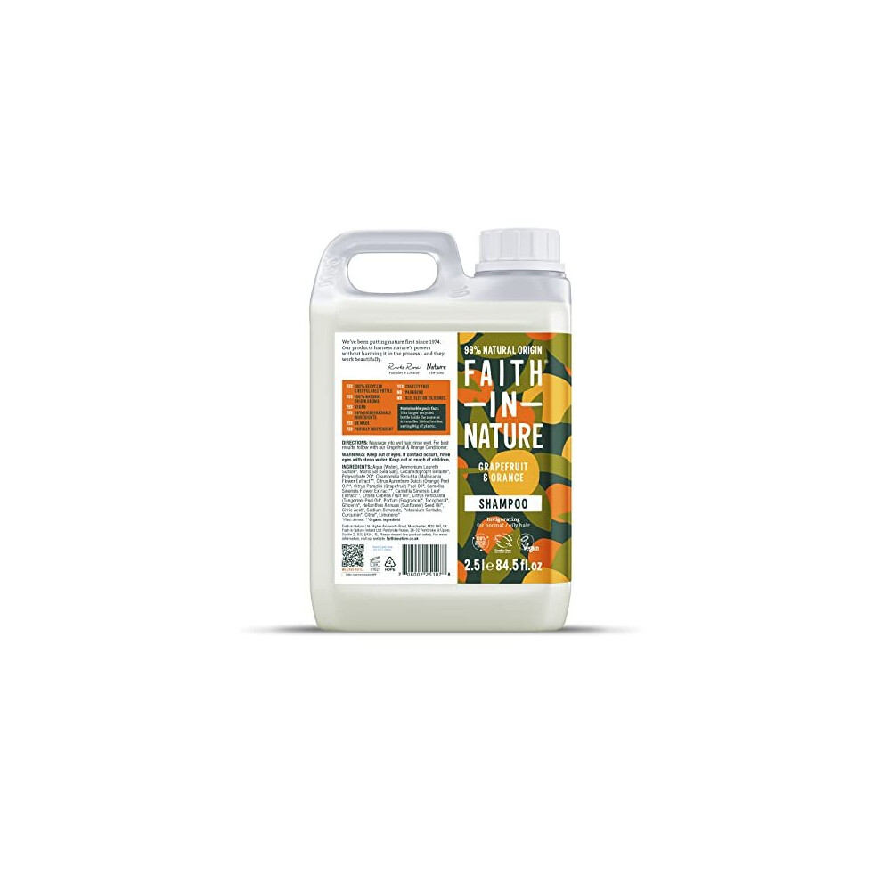 Faith In Nature Natural Grapefruit & Shampoo, Invigorating, Vegan & Cruelty Free, No Sls Or Parabens, For Normal To Oily Hair, 2.5L Orange