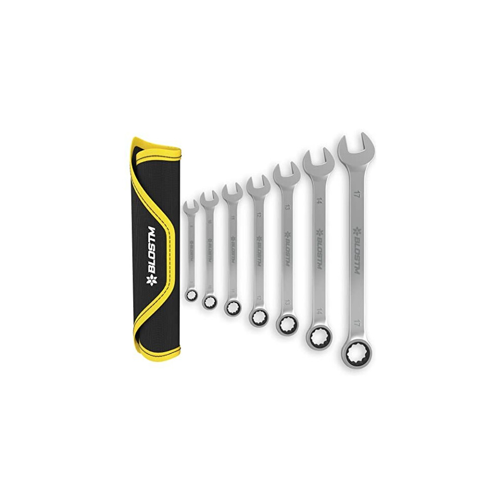 Blostm Chrome Ratchet Spanner Set - 7 Pcs Metric Spanner Set 8-17Mm | 72 Tooth Gear System, Vanadium Steel, Combination Wrenches For Diy, Car & Bike Repairs, With Roll-Up Storage Pouch - Image 2