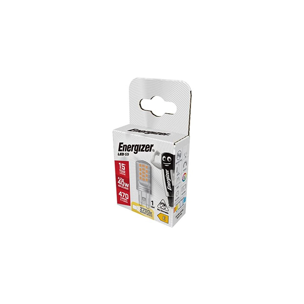Energizer G9 Led Bulb. 4.2W (40W Halogen Equivalent) 220-240V. 470 Lumens. Bi-Pin Base Energy Saving. Warm 2700K Light/White