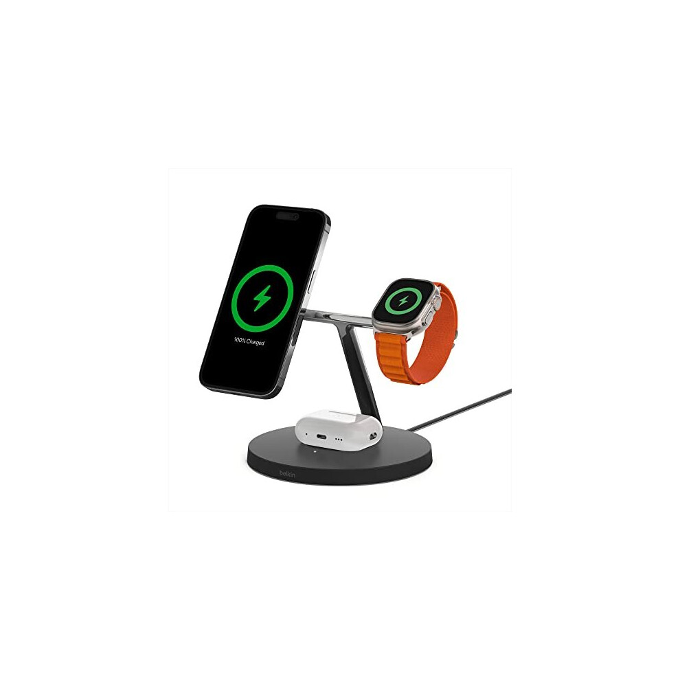 Belkin MagSafe 3-in-1 Wireless Charger, 15W iPhone and Apple Watch Fast Charging, AirPods Charging Station for iPhone 14/14 Plus, 13, 12, Pro, Pro