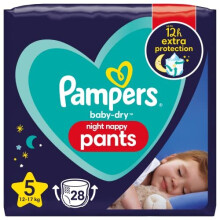 Pampers Baby-Dry Night Nappy Pants Size 5, 28 Night Nappies, 12kg-17kg, Essential Pack, Pampers Most Absorbent Pants for Extra Night Protection
