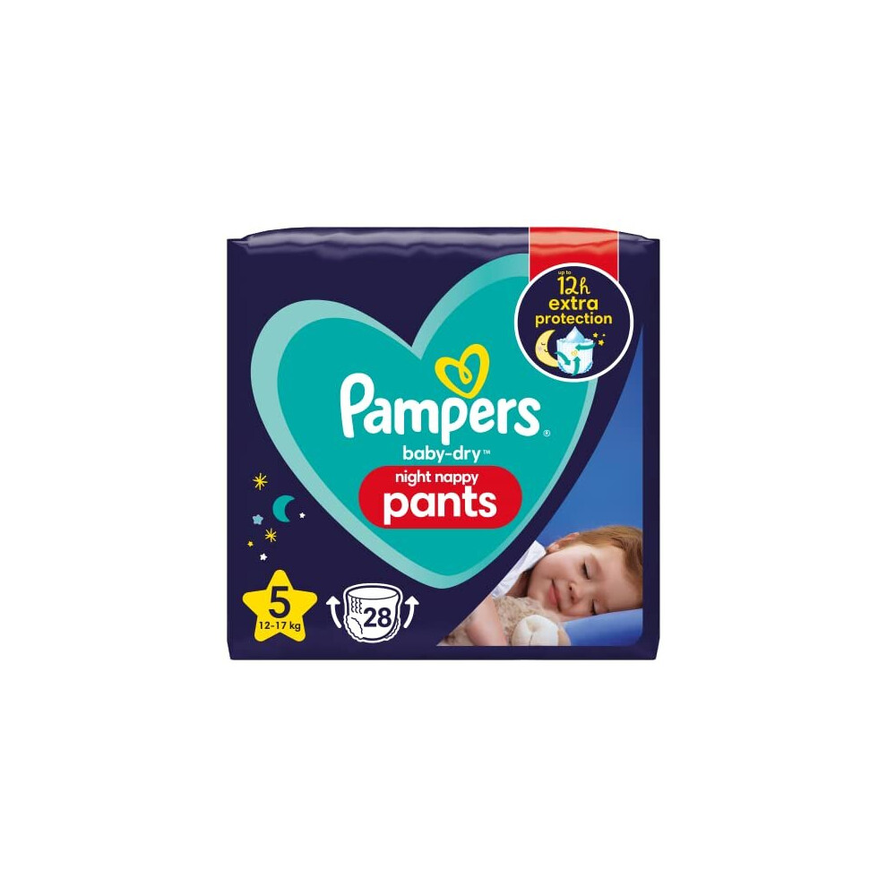 Pampers Baby-Dry Night Nappy Pants Size 5, 28 Night Nappies, 12kg-17kg, Essential Pack, Pampers Most Absorbent Pants for Extra Night Protection