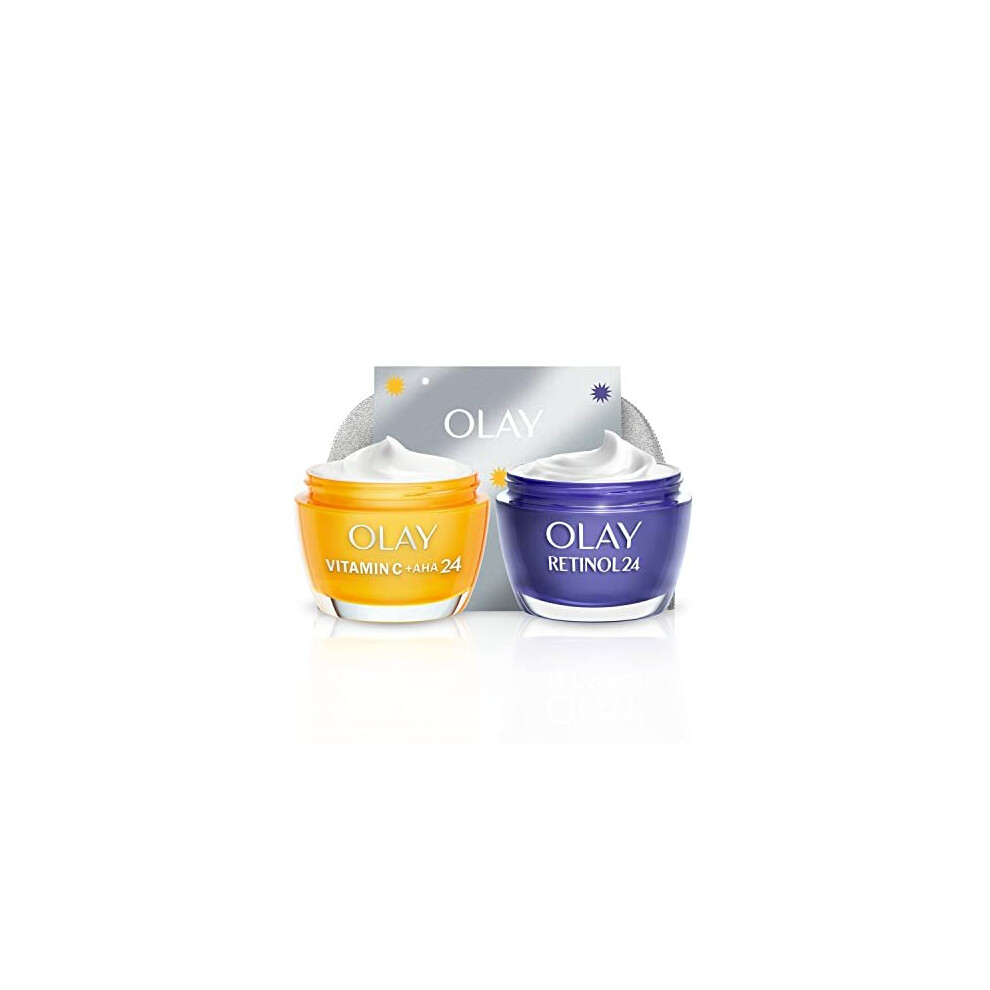 Olay Moisturiser Skincare Gift Bag, Womens Skin Care Gift Sets, Vitamin C + AHA 24 Face Cream 50ml & Retinol 24 Night Cream 50ml for Bright & Smooth