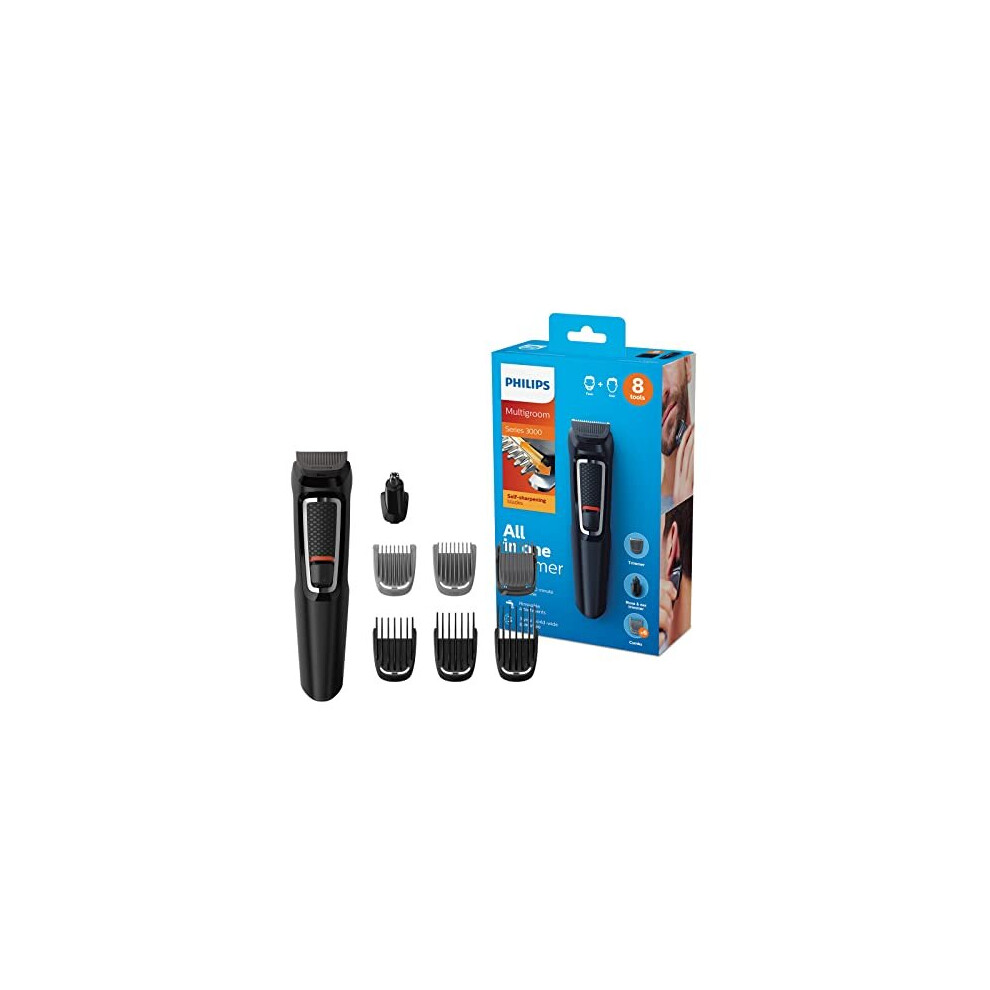 Philips Multigoom Series 3000-8-in-1 Face and Body Hair Shaver and All-in-One Nose and Ear Hair Trimmer with 8 Attachments (Model MG3730/13), Black