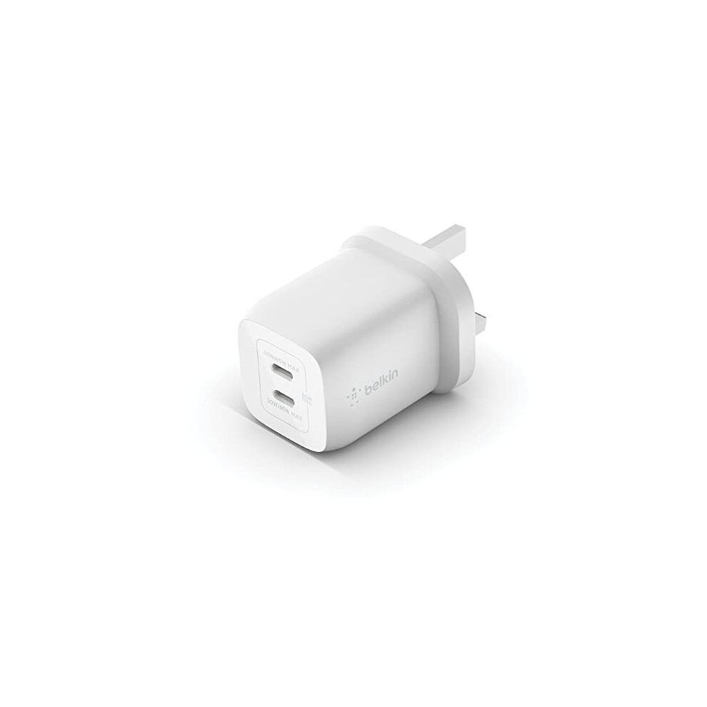 Belkin 65W Dual USB Type C Wall Charger, Fast Charging Power Delivery 3.0 with GaN Technology, USB Plug fast charger for iPhone 14, 13, iPad Pro 12.9,