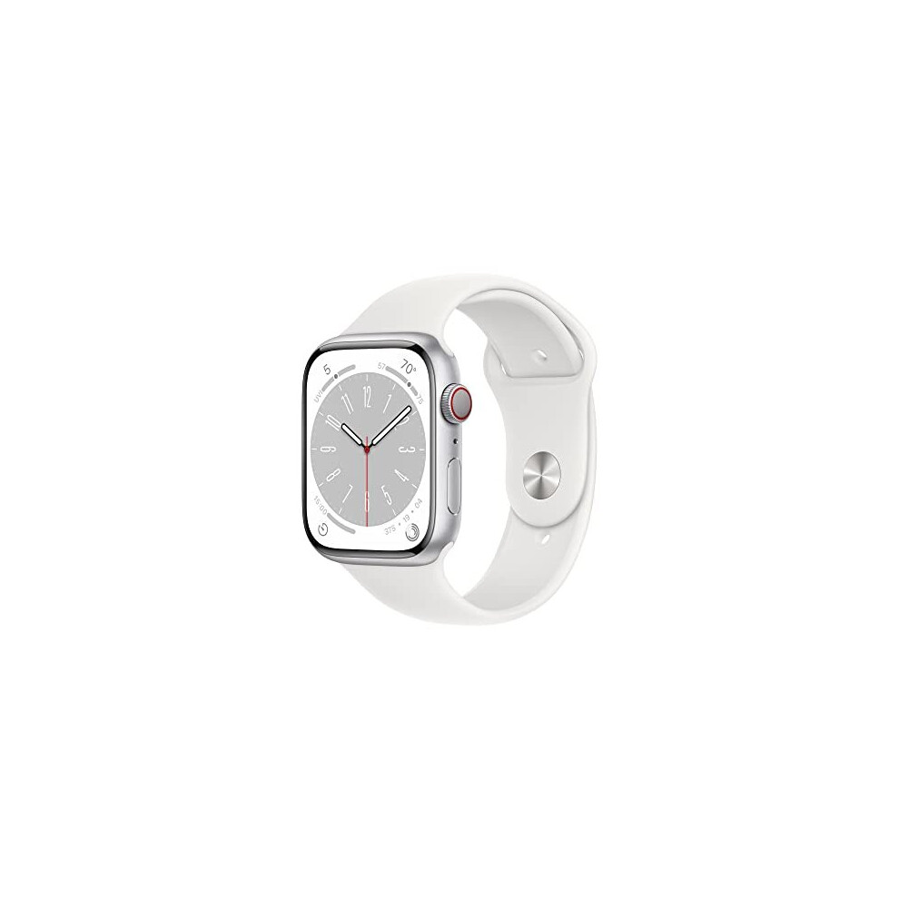 Apple Watch Series 8 (GPS + Cellular 45mm) Smart watch - Silver Aluminium Case with White Sport Band - Regular. Fitness Tracker, Blood Oxygen & ECG