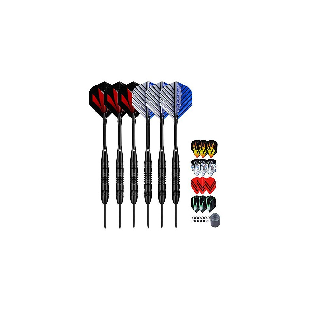 LARRITS Professional 6 Pack 23 Grams Steel Tip Darts Set With Black Aluminum Shafts, include 9pcs Standard Flights + 9pcs Laser Flights + 12pcs Rubber