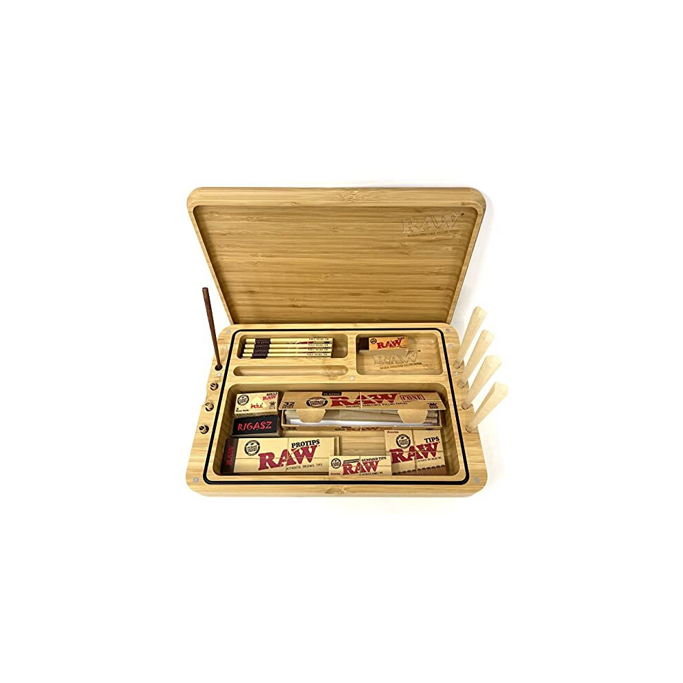 Reds Tips RAW SPIRIT BOX - Wooden Rolling Tray Box with Cones, Papers and Tips Set