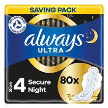 Always Ultra Sanitary Towels / Pads with Wings, Secure Night Size 4, Ultra Thin, 80 Towels (20 x 4 Packs), SUPER SAVING BOX, Odour Neutraliser, Super