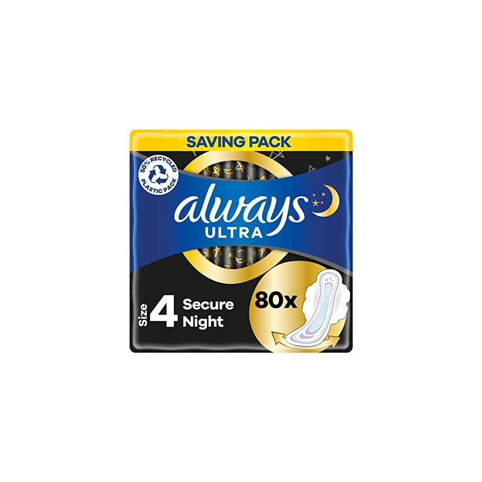 Always Ultra Sanitary Towels / Pads with Wings, Secure Night Size 4, Ultra Thin, 80 Towels (20 x 4 Packs), SUPER SAVING BOX, Odour Neutraliser, Super