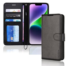 TECHGEAR iPhone 14 Leather Wallet Case, Flip Protective Case Cover with Wallet Card Holder, Stand and Wrist Strap - Black PU Leather with Magnetic