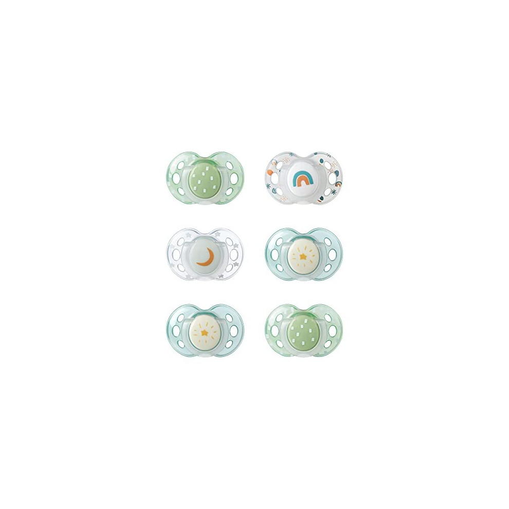 Tommee Tippee Night Time Soothers, 18-36m, Pack of 6 Dummies, Symmetrical Orthodontic Design, BPA-Free Silicone Baglet