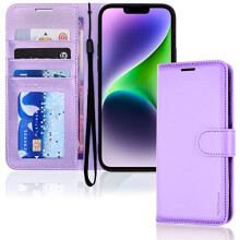 TECHGEAR iPhone 14 Leather Wallet Case, Flip Protective Case Cover with Wallet Card Holder, Stand and Wrist Strap - Purple PU Leather with Magnetic