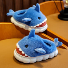 (Blue, 28-29) Kids Shark Slippers Plush Warm Slippers Slip On Fluffy Shoes For Winter