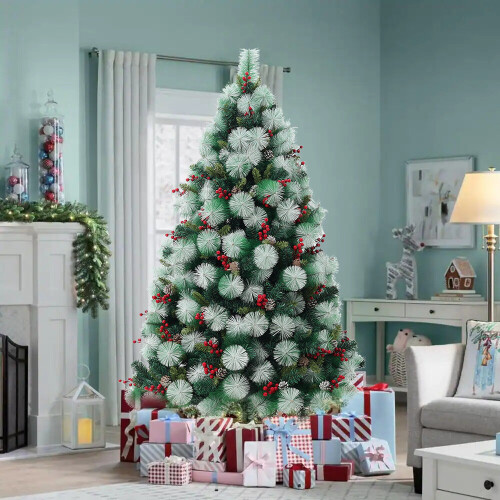 Living And Home Artificial Green Flocked Full Christmas Tree with Stand 1.8m