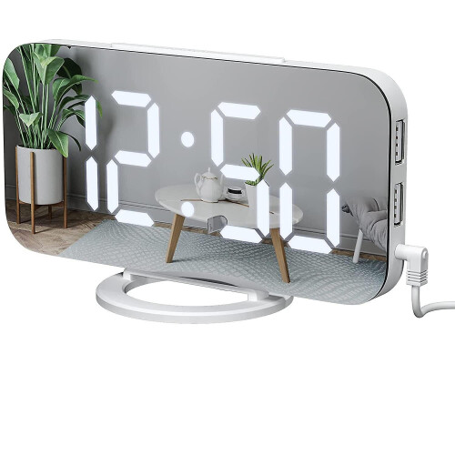 (White) Digital Alarm Clock Desktop Mirror Surface Clock With Dual Usb Led Display For Office Home