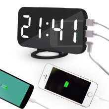 (Black and White) Digital Alarm Clock Desktop Mirror Surface Clock With Dual Usb Led Display For Office Home