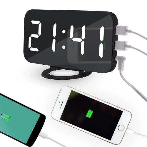 (Black and White) Digital Alarm Clock Desktop Mirror Surface Clock With Dual Usb Led Display For Office Home