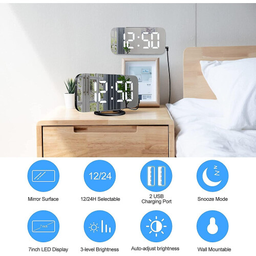 (White) Digital Alarm Clock Desktop Mirror Surface Clock With Dual Usb Led Display For Office Home 1