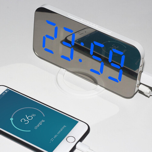 (Black and Blue) Digital Alarm Clock Desktop Mirror Surface Clock With Dual Usb Led Display For Office Home