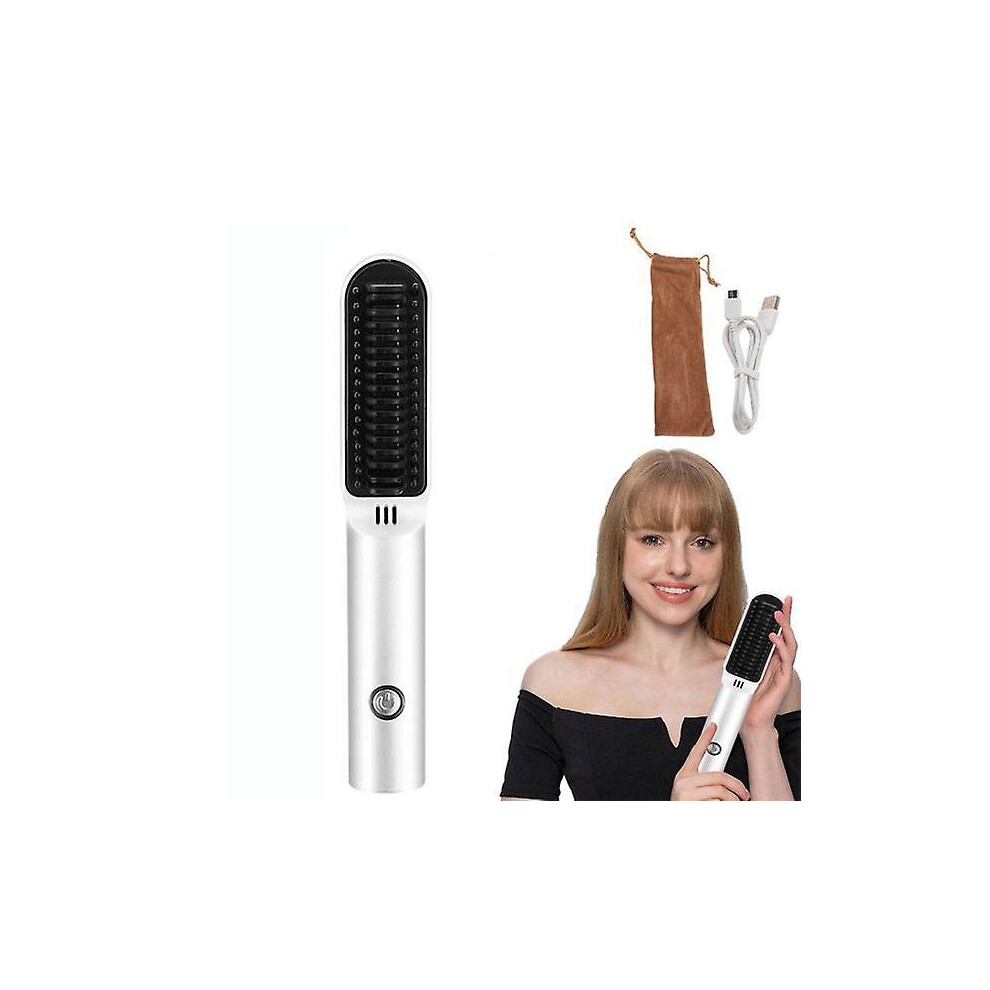 White (White) 2 In 1 Hair Straightener Brush Electric Hair Straightening Comb Cordless Hair Curler