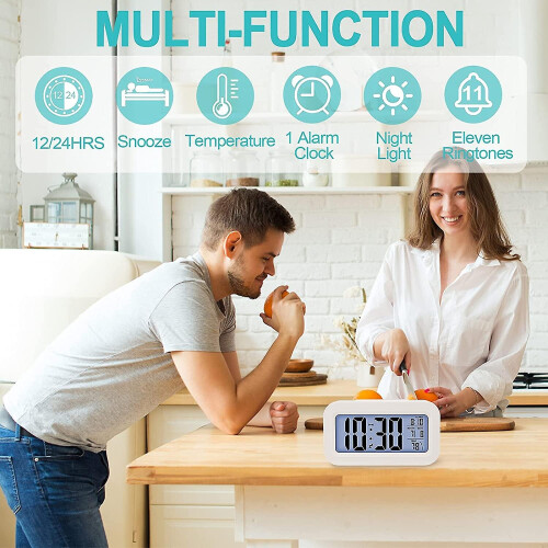 (White) Digital Alarm Clock Smart Bedside Night Light With Temperature Snooze LcdDigit Display 2
