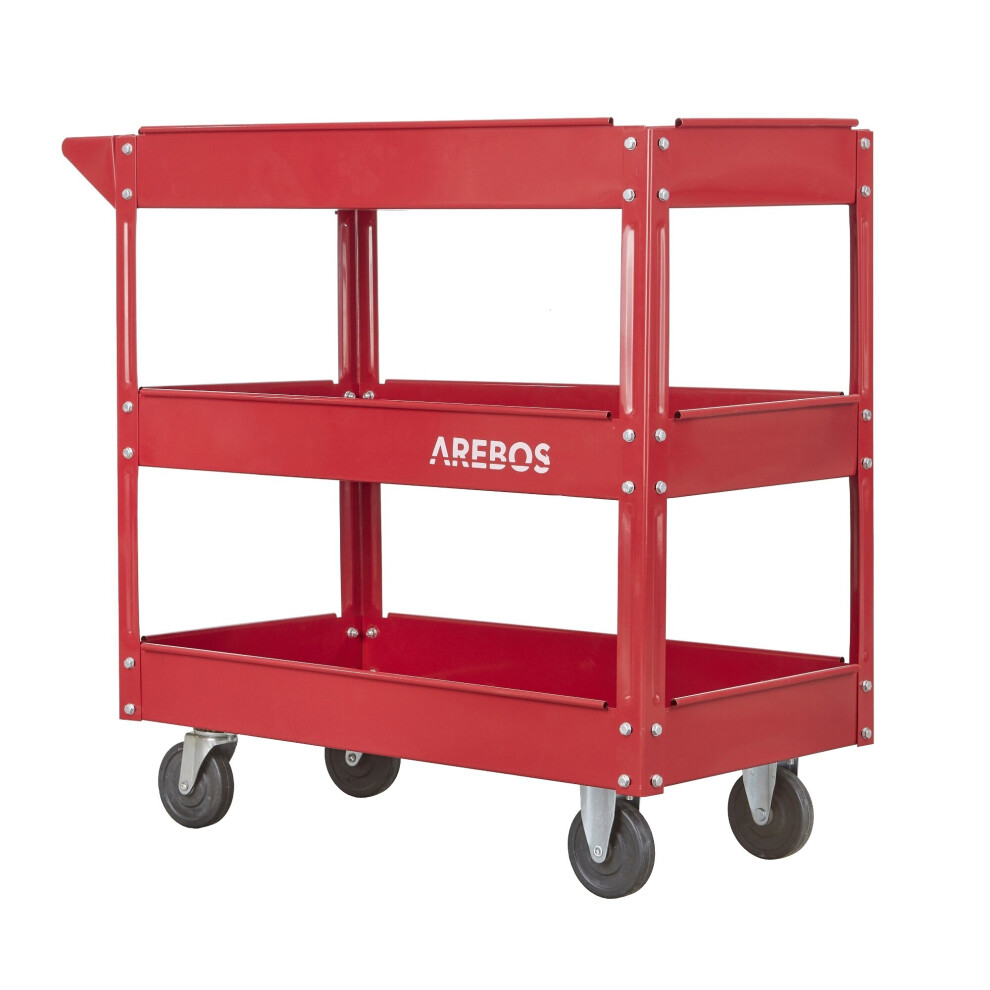 AREBOS Tool Trolley 3 Level Mobile Workshop Trolley Cart Storage Shelf on Wheels - Red