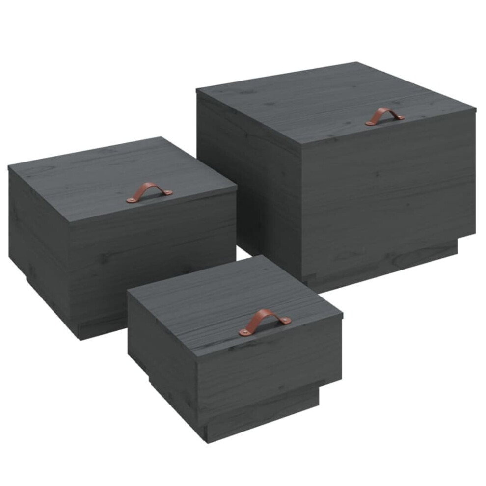 (Grey) vidaXL 3x Solid Wood Pine Storage Boxes with Lids Tool Chest Multi Colours