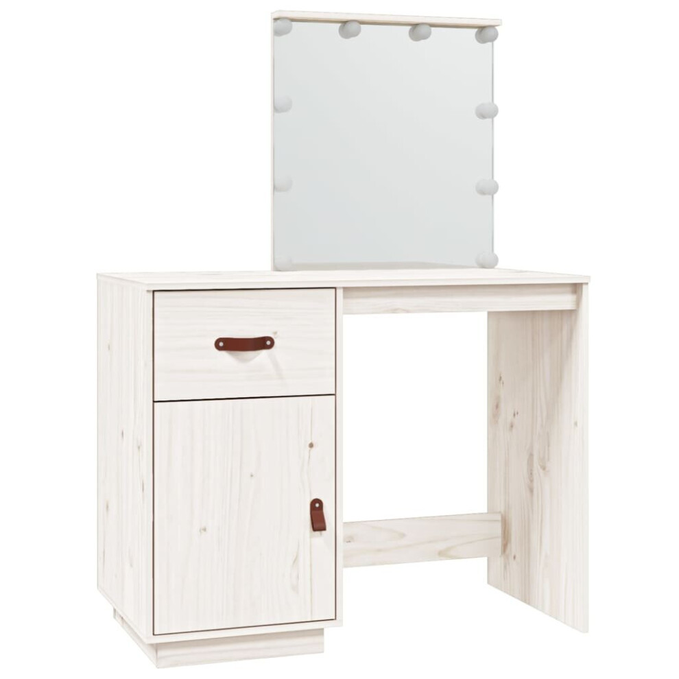 (White) vidaXL Solid Wood Pine Dressing Table with LED Home Vanity Desk Multi Colours