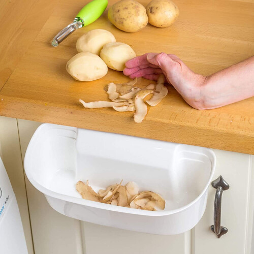 Plastic White Handy Kitchen Caddy Hanging Waste Bin Kitchen Over Cabinet Drawer Door Basket 1