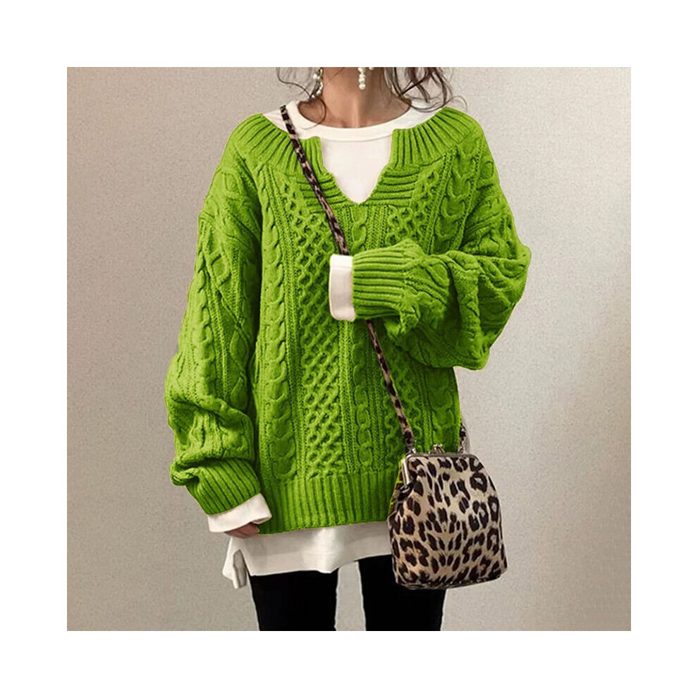 (Green, XL) Ladies V Neck Cable Knit Sweater Casual Long Sleeve Pullover Jumper Tops