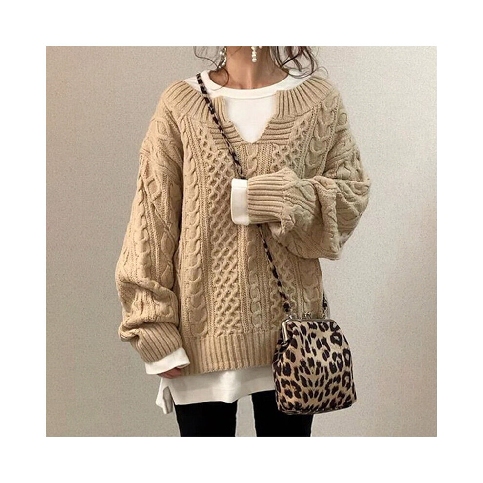 (Camel, L) Ladies V Neck Cable Knit Sweater Casual Long Sleeve Pullover Jumper Tops