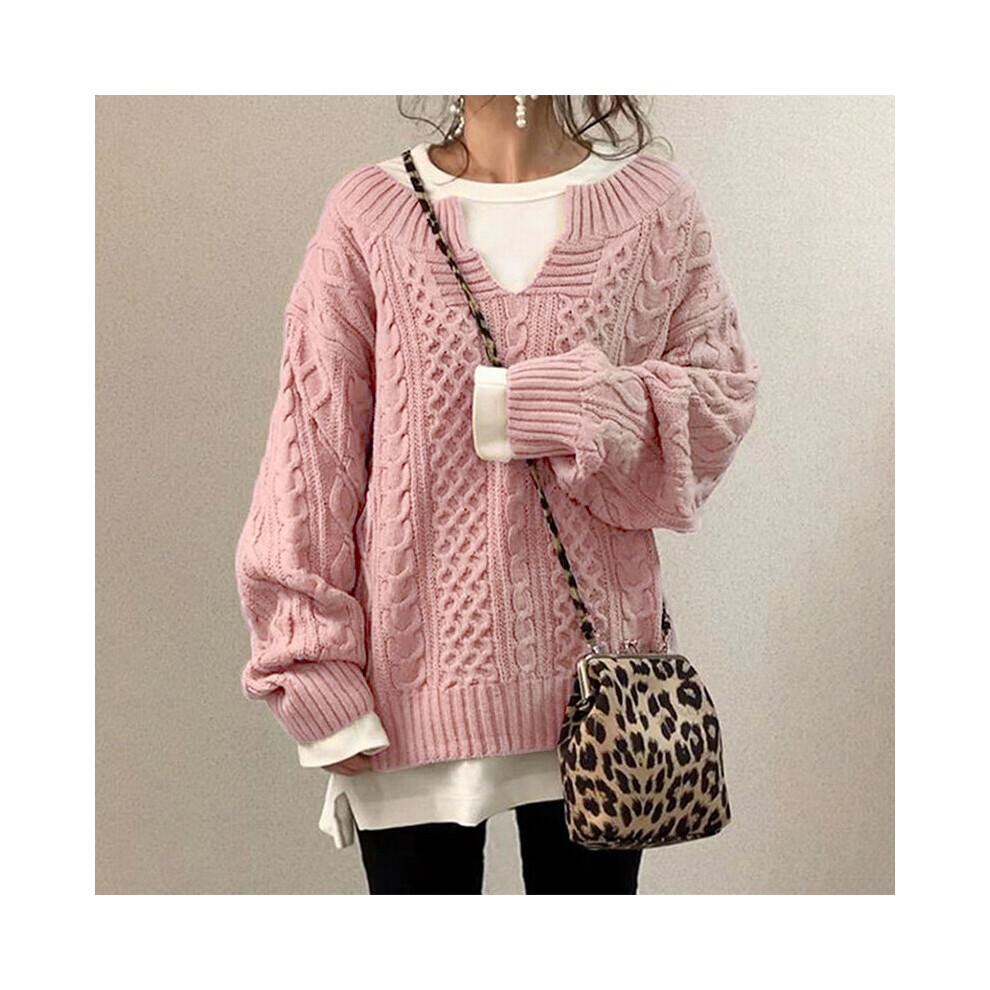 (Pink, M) Ladies V Neck Cable Knit Sweater Casual Long Sleeve Pullover Jumper Tops