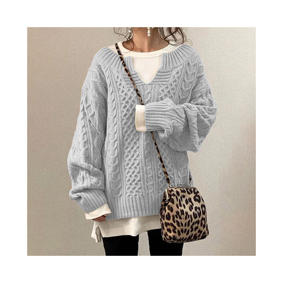 (Light Grey, M) Ladies V Neck Cable Knit Sweater Casual Long Sleeve Pullover Jumper Tops