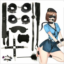 BDSM Leather & Plush Black 10-Piece Bondage Kit — Eye Patch, Mouth Plug, Neck Sleeve, Rope, Handcuffs, Anklets, Whip, Feather, Clip, Cross Buckle