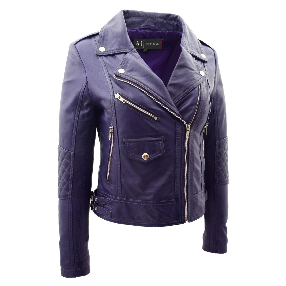 (Purple, 8) Womens Leather Biker Jacket Purple Trendy Slim Fit Designer Ayla