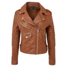 (Cognac, 10) Womens Leather Biker Jacket Cognac Trendy Slim Fit Designer Ayla
