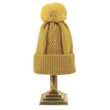 Ladies Bobble Hat Warm Winter Knitted Cuff Faux Fur Pom Pom Beanie - Mustard