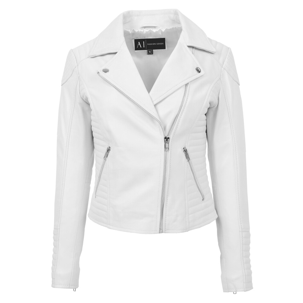 (White, 20) Womens Designer Leather Biker Jacket Fitted Quilted Bonita White