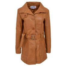 (Tan, 14) Womens Real Leather Mid Length Trench Parka Coat Alba Tan