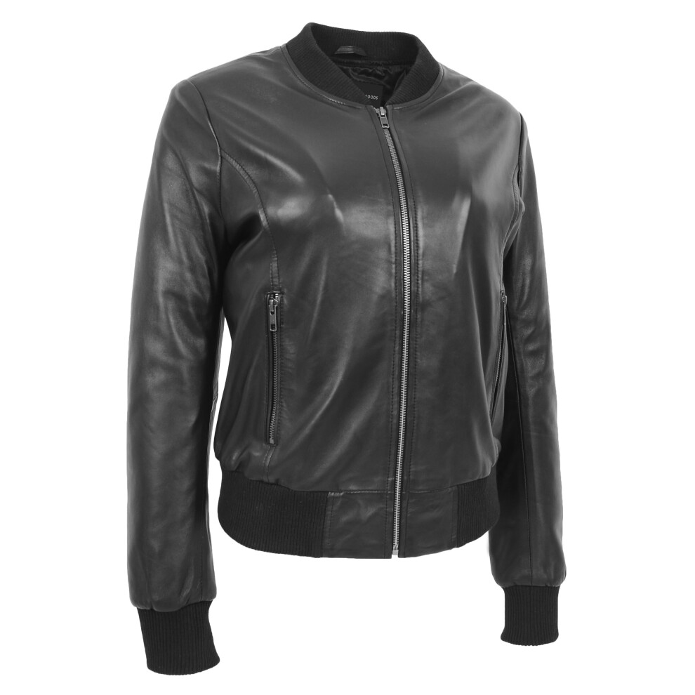 (Black, 14) Womens Leather Bomber Jacket Black Zip Fasten Fitted Varsity Joy