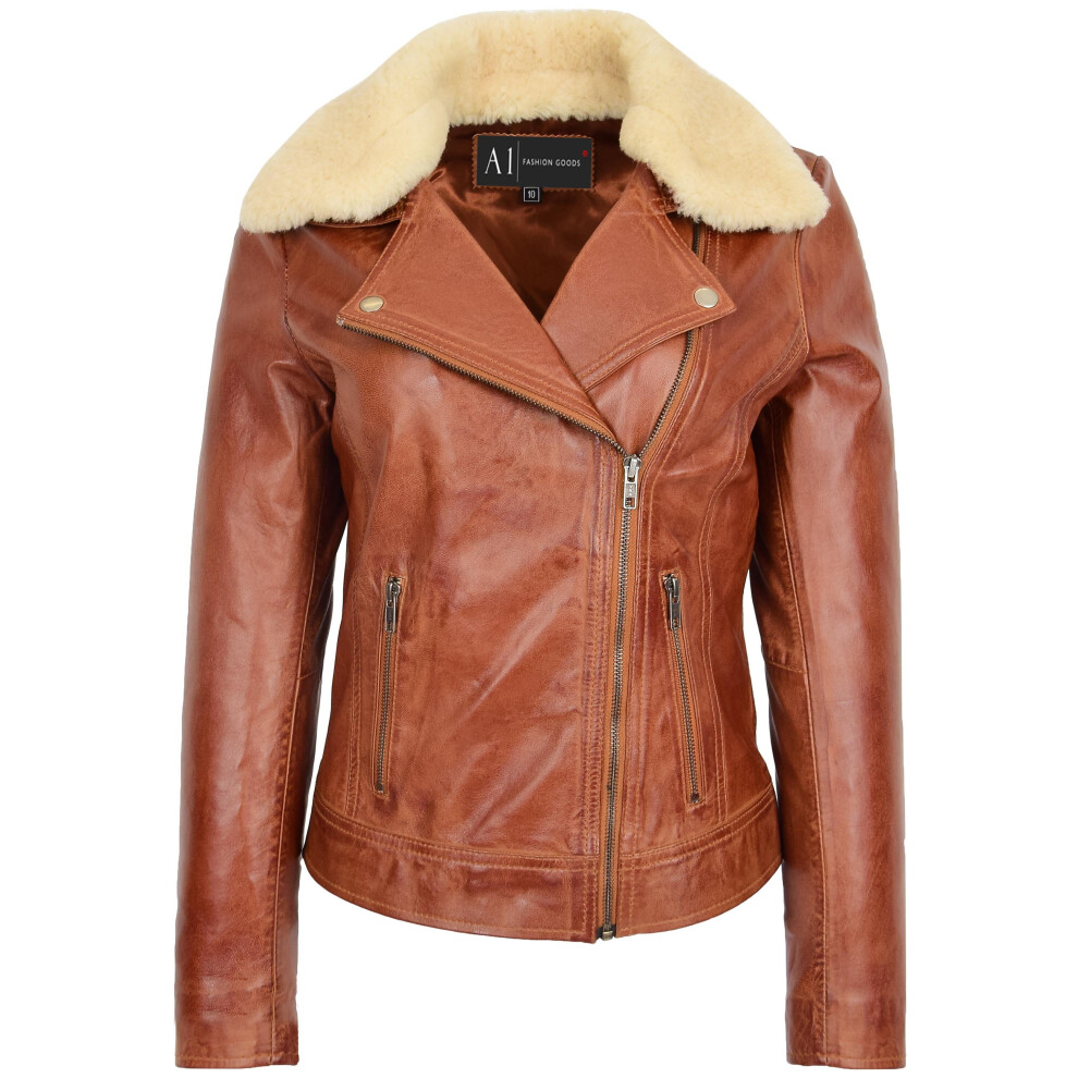 A1 Fashion Goods Women's (Chestnut, 8) Real Chestnut Leather Trendy Biker Jacket With Removable Sheepskin Collar Rosie