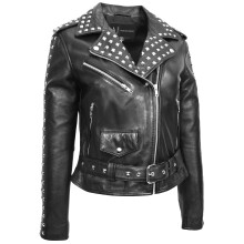 (14) Womens Black Leather Studded Biker Jacket Fitted Brando Style - Stella