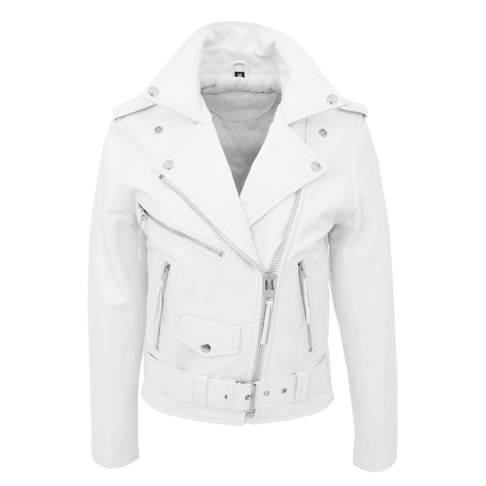 (White, 20) Womens Cowhide Biker Leather Jacket Brando Style Coat Helen White