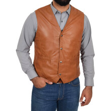 (Tan, M) Mens Soft Leather Waistcoat Classic Gilet Bruno Tan