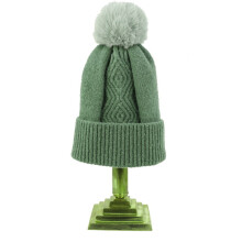 Ladies Bobble Hat Knitted Faux Fur Pom Pom Cuffed Beanie - Sage
