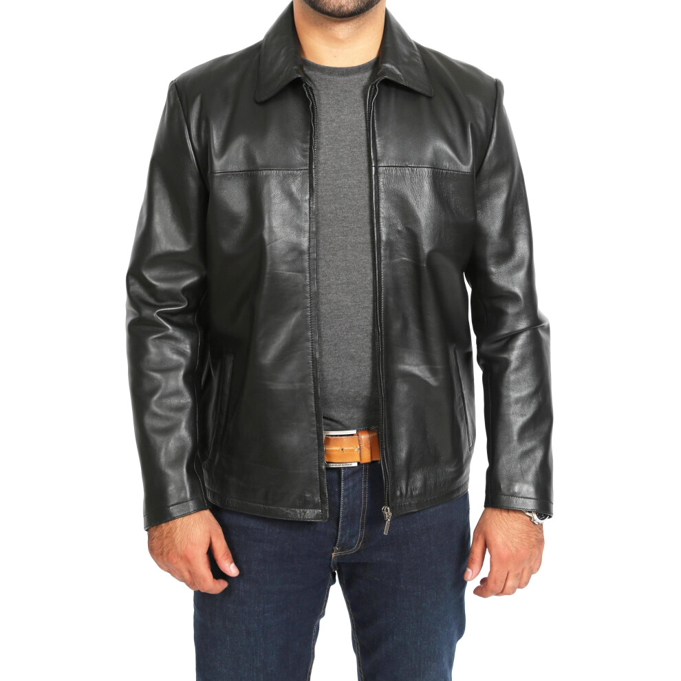 (Black, S) Mens Classic Zip Fasten Box Leather Jacket Tony Black